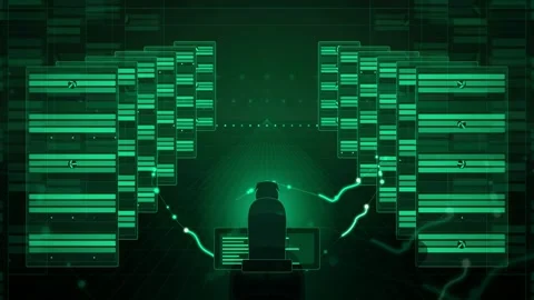 Hacker Silhouette Working at Computer Surrounded by Green Digital Data Screens Stock Footage 341456199