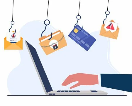 Hacker sitting at the desktop stealing user private confidential data Stock Illustration