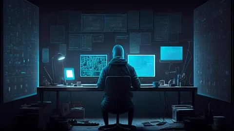 Hacker sitting in front of a computer screen with binary code on the background 스톡 일러스트