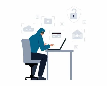 Hacker sitting in office with laptop trying to stealing bank information イラスト素材