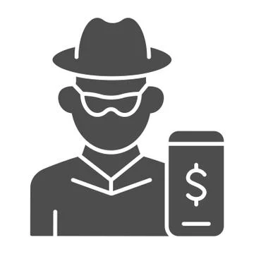 Hacker on smartphone solid icon. Mobile phone with thief vector illustration Illustrazione stock