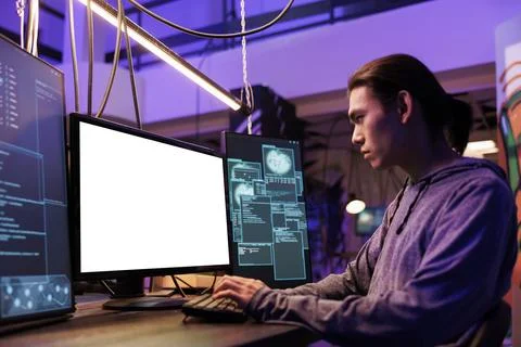 Hacker spreading malware on white screen Foto stock