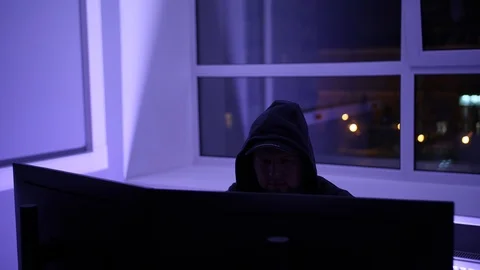 Hacker spy or thief at night in office Stock Footage 86949853