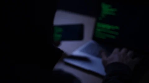 Hacker spy or thief at night in office screen closeup Stock Footage 86950004