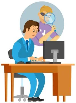 Hacker spying on office worker at table with laptop. Businessman or clerk Stock Illustration