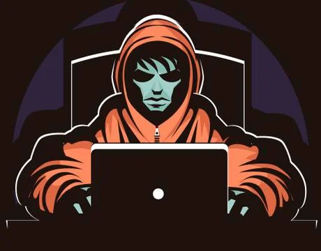Hacker stalker using a computer in the darkness Stock Illustration