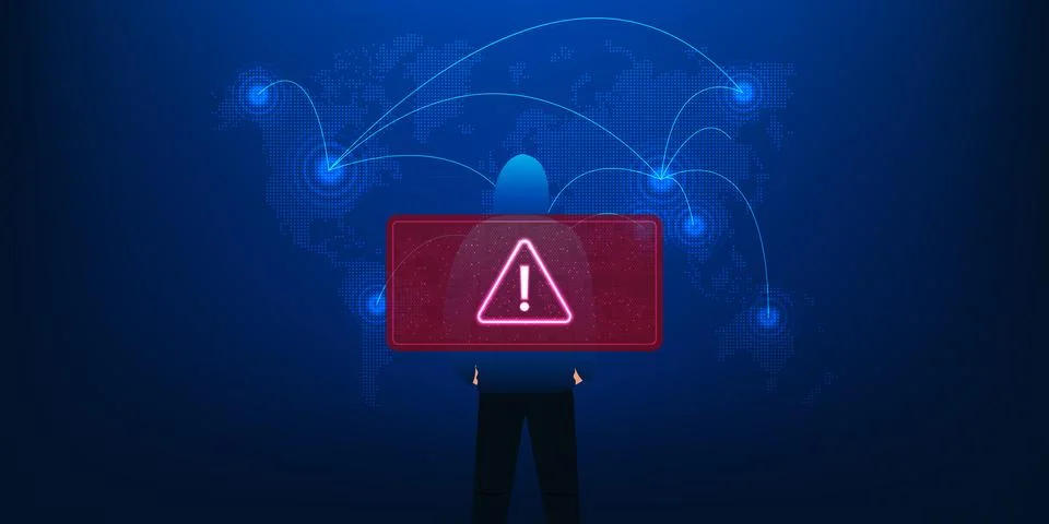 Hacker Standing in Front of Digital World Map Showing Cyber Theft Routes, S.. Stock Illustration