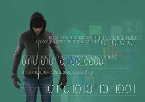 Hacker standing on in front of green background with digital numbers Foto stock