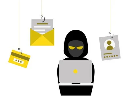 Hacker stealing confidential data, personal information and credit card detail. Illustrazione stock