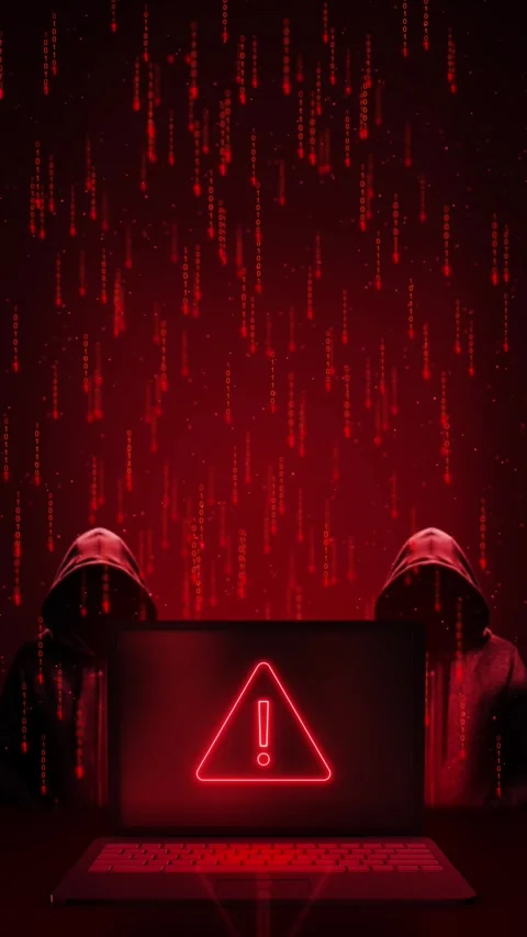 Hacker stealing data from a laptop cyber-attack and programming for malware with Stock Footage 306579313
