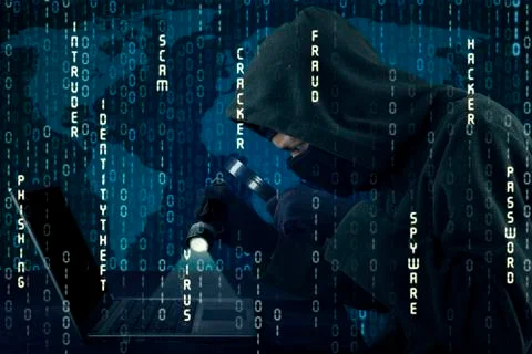 Hacker stealing information with binary code 스톡 사진
