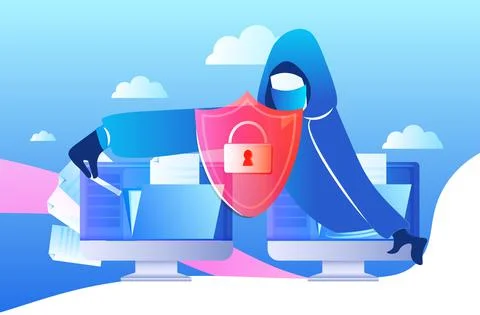 Hacker stealing personal confidential data anonymous man attacking computer Stockillustratie