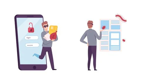 Hacker Stealing Personal Data and Money with Phishing Site Vector Set Stock Illustration