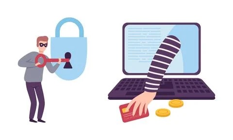 Hacker Stealing Personal Data and Money with Phishing Site Vector Set Stock Illustration