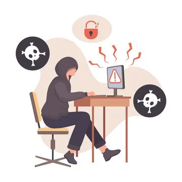 Hacker stealing personal information from computer vector flat illustration Illustrazione stock