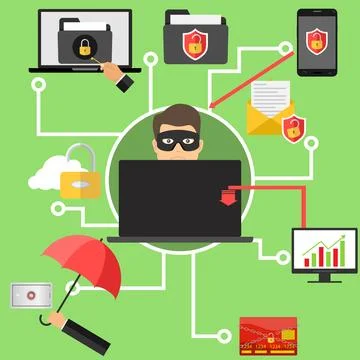 Hacker steals personal data from the computer. The Internet scammer hacked Stock Illustration