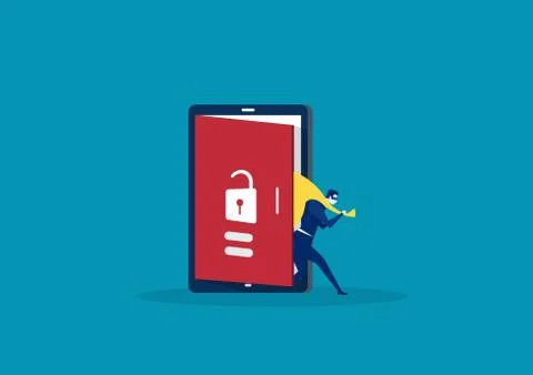 Hacker step out of smart phone screen after his criminal activity crack, spam, Stock Illustration