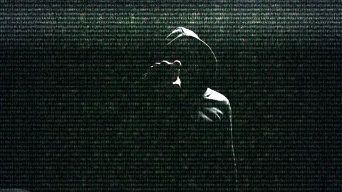 Hacker stranger with a digital code and glitch effect points his finger at you Stock Footage 236059506