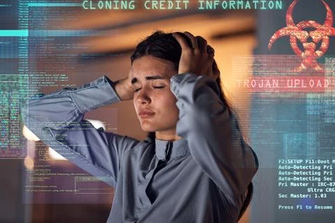 Hacker stress, coder overlay and cybersecurity problem graphic with a business Stock Photos