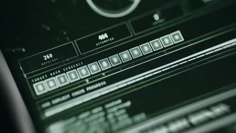 Hacker-style dashboard showing breach protocol and system access granted Stock Footage 335882370