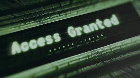 Hacker-style interface showing Access Granted message over glowing green code Stock Footage 335871325