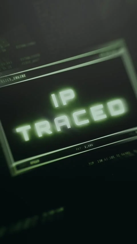 Hacker-style warning screen displaying IP Traced alert message Stock Footage 335463586