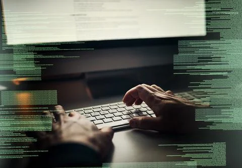 Hacker, system and hands in night with keyboard, hologram and information Photos