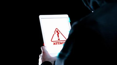 Hacker tablet cyber security. Digital mobile phone in hacker man hand isolate 스톡 사진