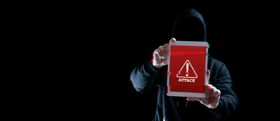 Hacker tablet cyber security. Digital mobile phone in hacker man hand isolate Stock Photos