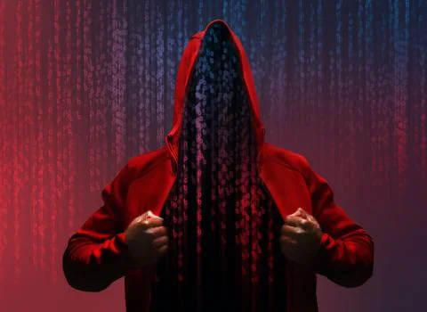 Hacker takes off his sweatshirt. Binary code collage Stockfoto's