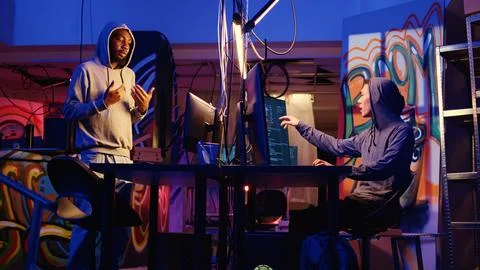 Hacker teaches hacking to new member Foto stock