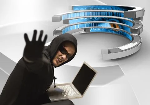 Hacker tendering his hand and using a laptop in a 3d data center Stock Photos