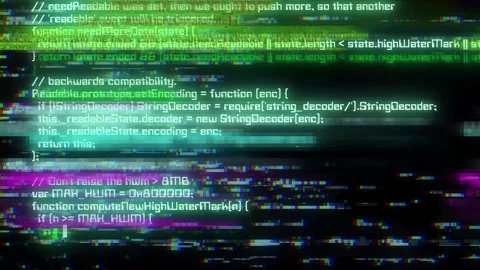 Hacker terminal glitch. Streaming java script code on black screen. Stock Footage 318877626