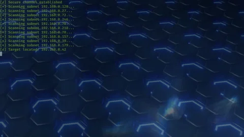 Hacker terminal simulation with scrolling code and final breach message Stock Footage 311584631