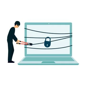 Hacker thief breaking into computer security, cartoon character man hacking lock イラスト素材