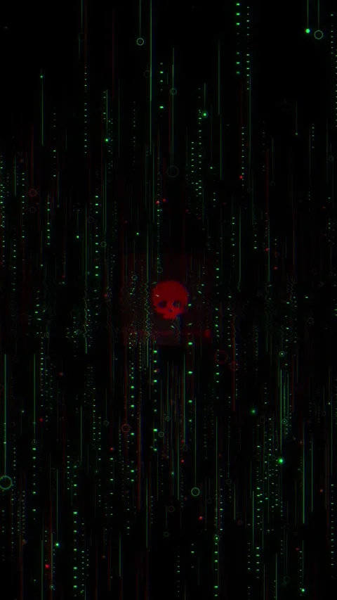 Hacker threat detected matrix red skull alert, green digital rain, dark cyber wa Stock Footage 340526798