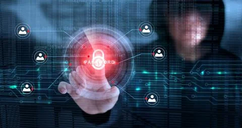 Hacker touching lock icon and password with binary code Stock Photos