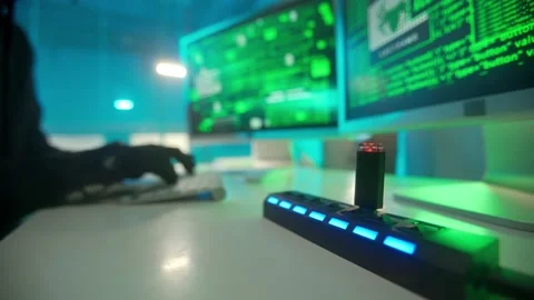 Hacker is typing on a computer keyboard and cracking a password. A man is Stock Footage 233595499