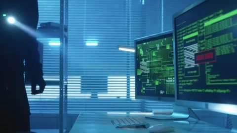 Hacker is typing on a computer keyboard, cracking a password and launches a Stock Footage 233606089
