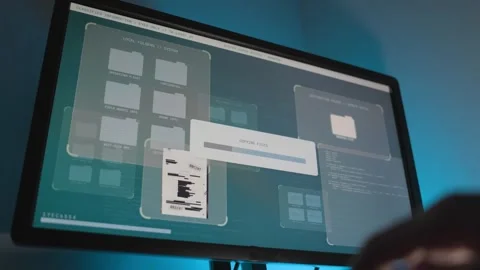 Hacker typing on computer keyboard as top secret files copy on monitor screen Stock Footage 330910173
