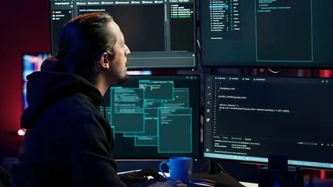 Hacker typing fast on keyboard, rushing to finish developing spyware software 스톡 사진