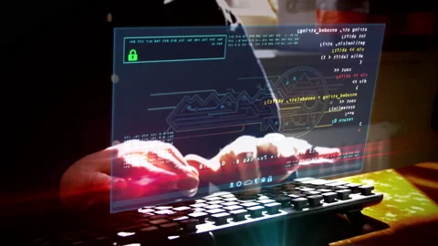 Hacker typing on keyboard and breaking security system hologram screen Vídeos de archivo 128115260