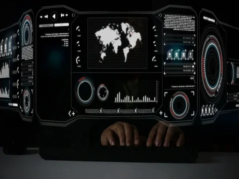 Hacker typing keyboard with HUD head up display interface code graph bar pi w Stock Footage 77632814
