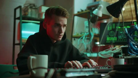 Hacker typing on keyboard at night, breaking password, using laptop and Stock Footage 158381346