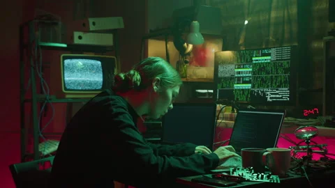 Hacker typing on keyboard at night, breaking password, finishing work, closing Stock Footage 159509503