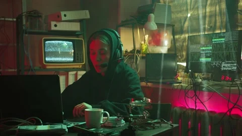 Hacker typing on keyboard at night, breaking password, wearing black hood 動画素材 160485033