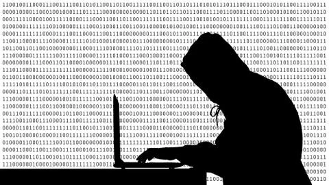 Hacker typing on a laptop with 01 or binary numbers on the computer screen on Stock Illustration