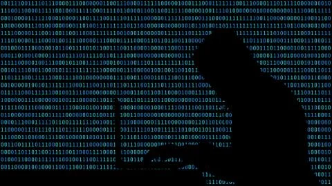 Hacker typing on a laptop with 01 or binary numbers on the computer screen on Illustrazione stock