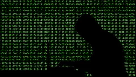 Hacker typing on a laptop with 01 or binary numbers on the computer screen on Illustrazione stock