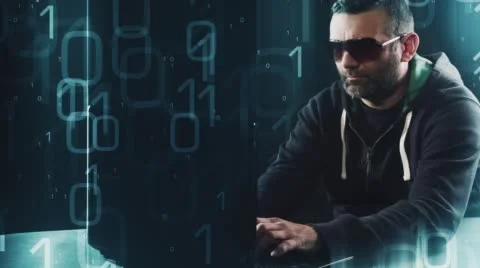 Hacker typing on laptop computer keyboard animated binary code background 4k Stock Footage 56648394
